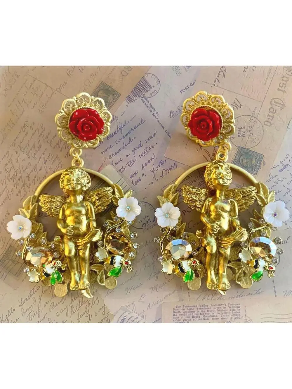 Botanical Garden Cherub Earrings - Red Rose & Jeweled Angel Hoop Drops